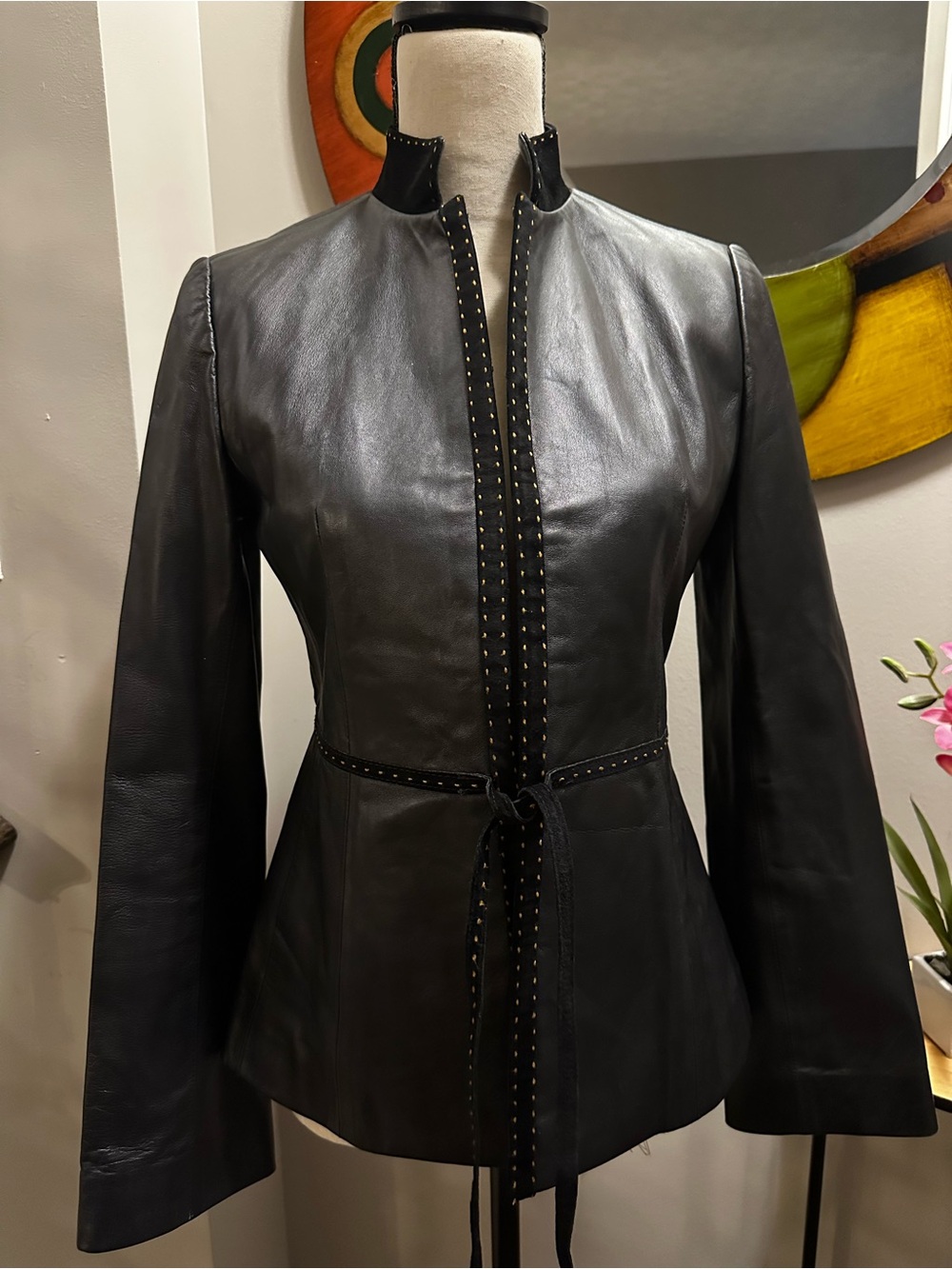 ZENKA Boutique Black Tie-Waist Leather Jacket